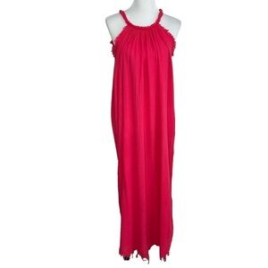 Stella Martini Women Linen Blend Maxi Dress Sz Small Pink Sleeveless Fringe Trim